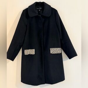 Colleen Lopez Black Wool-Blend Coat with Rhinestone Pocket Panels